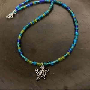 Starfish Pendant Blue green beaded Necklace